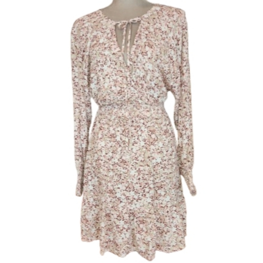 Japna Pink Floral V-Neck Dress Size S Smocked Elastic Cuffs & Waist Ruffle Hem